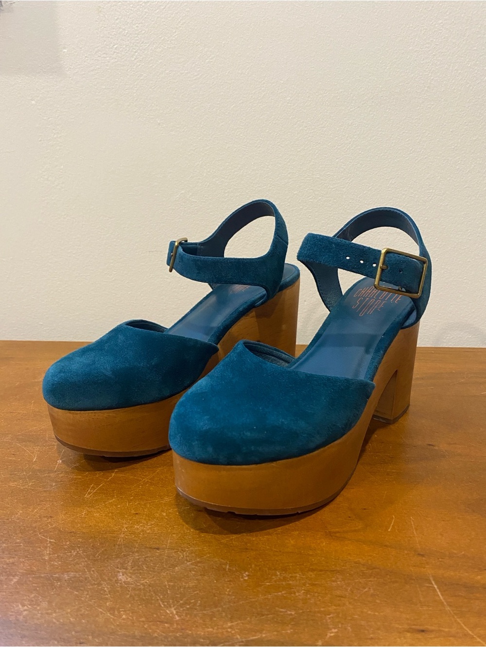 Teal Suede Platform Clog with Ankle Strap - Picture 2 of 6